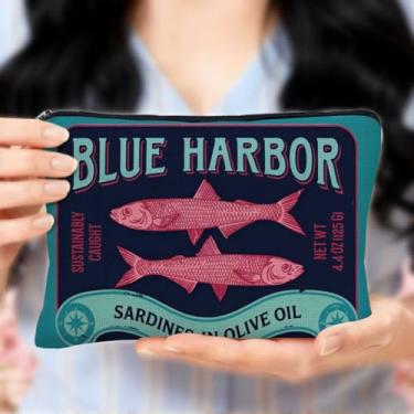 Imagem de Blue Harbor sardinhas em azeite de oliva, bolsa de maquiagem pequena para mulheres e homens, bolsas grandes de cosméticos, bolsa organizadora de viagem, estojo de lápis retrô de peixe estanhado, bolsa
