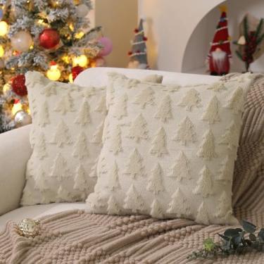 Imagem de DFXSZ Capas de almofada de árvore de Natal 61 x 61 cm conjunto de 2 almofadas de jacquard de pelúcia macia bege para quarto, sofá, festivais de férias, decoração de casa de inverno PTK006C24