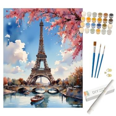 Imagem de Kit de pintura em aquarela Paris por números para adultos – DIY Torre Eiffel e pintura de flores de cerejeira enrolada em tela 40,6 x 50,8 cm, conjunto de tinta acrílica para iniciantes, ideal para