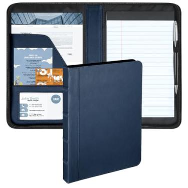 Imagem de Lcjtop Pasta pequena para portfólio/fichário com zíper, design de capa dura estilo livro, organizador de portfólio de negócios júnior, bloco de escrita, 12 x 20 cm, azul marinho.
