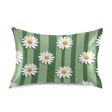 Imagem de Wassud Margaridas com listras verdes fronha de cetim para cabelo e pele fronhas de seda lisa queen size fronhas respiráveis com fecho de envelope