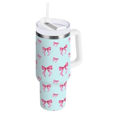Imagem de SEHANY Copo fofo com laço rosa de 1,134 g com alça, copo isolado de aço inoxidável a vácuo de parede dupla, à prova de vazamento, caneca de café isolada para viagem cabe no suporte de copo de carro