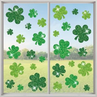 Imagem de 8 folhas grandes adesivos de janela do dia de São Patrício com glitter verde trevo reutilizável trevo da sorte adesivos de janelas estáticas para decoração de vidro irlandesa primavera festa de férias