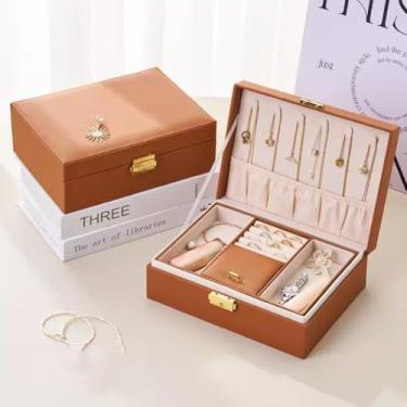 Imagem de Caixa de armazenamento de joias de camada dupla com fechadura, organizador de couro para colares, brincos, anéis e pulseiras, compartimento oculto para colecionadores, caixa de presente elegante