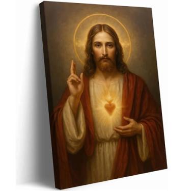 Imagem de Arte de parede em tela do Sagrado Coração de Jesus Impressões Cristãs Decoração de Casa Religiosa Pintura de Jesus Católico com Halo Imagens de Coração Brilhante para Quarto Sala de Estar Sala de