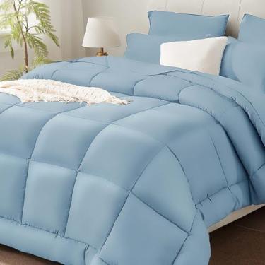 Imagem de SunStyle Home Conjunto de edredom casal/queen azul claro – 7 peças para cama em um saco, leve conjunto de cama alternativo de plumas de ganso com edredom para todas as estações, 1 lençol de cima, 1