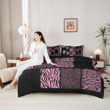 Imagem de Conjunto de cama de pele de leopardo zebra em uma bolsa, 7 peças, safári africano, animal selvagem, pele de guepardo, rosa e preto, quadriculado geométrico, xadrez, patchwork com elástico, lençol de