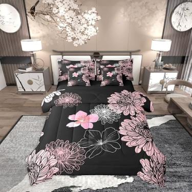 Imagem de Erosebridal Conjunto de edredom feminino floral rosa e preto, tamanho queen, 7 peças, com flores, estética, japonês, romântico, conjunto de cama para adultos e meninas