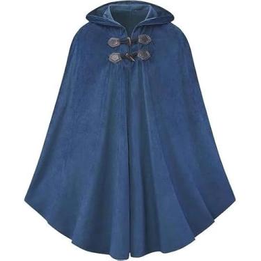 Imagem de SZRXKJ Capa medieval adulta com capuz com botões de alternância LARP vintage veludo fantasia de Halloween fantasia de palco renascentista (azul, tamanho único)