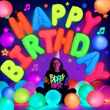 Imagem de Gemscream 43 peças que brilham no escuro suprimentos de festa neon decorações de festa feliz aniversário balões fluorescentes neon que brilham no escuro, luz negra, sinal de feliz aniversário