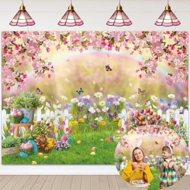 Imagem de Pano de fundo de primavera de Páscoa para fotografia, 1,8 x 1,8 m, primavera, flores rosa, gramado verde, cenário natural, decoração de festa de aniversário de Páscoa, adereços para fotos