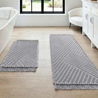Imagem de H.VERSAILTEX Tapete de banho waffle super absorvente boho tapete de banho antiderrapante para banheiro lavável na máquina tapetes de banheiro secagem rápida com borlas (114 x 43 mais 43 x 61