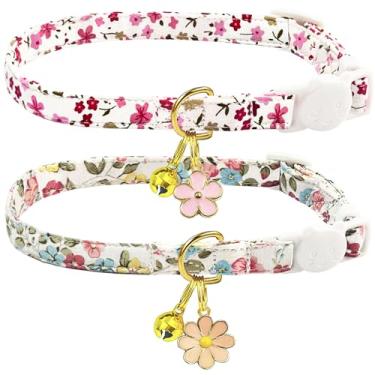 Imagem de Conjunto de 2 coleiras de algodão Breakaway para gatos com pingente de sino e flor, estampa floral fofa, ajustável de 19 a 28 cm, inclui um presente de brinquedo de rato (Vintage + pequena flor rosa)