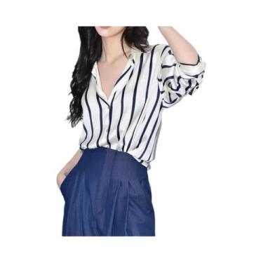Imagem de Blusa Feminina Vintage De Cetim Listrada De Manga Longa, Camisa Casual