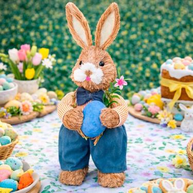 Imagem de Boneco Coelho Enfeite Decoração Páscoa Palha Artesanal 45cm
