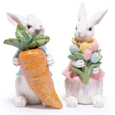 Imagem de Hodao Conjunto de presente de estatuetas de coelhinho da Páscoa, coelho de resina pintado à mão segurando cenouras e flores, decoração de casa de primavera para Páscoa, Dia das Mães, Dia dos Namorados