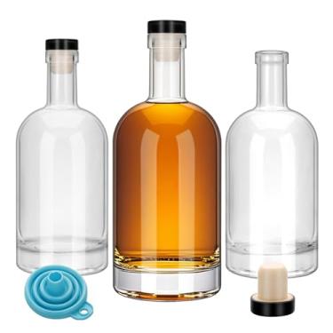 Imagem de 3 garrafas de vidro transparente de 473 ml com tampas pretas e cápsulas retráteis de PVC, garrafas de licor de 500 ml com tampas em forma de T, garrafa de vinho de base pesada vazia para vinho, uísque