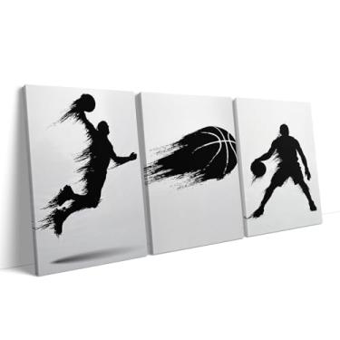 Imagem de Luxey Aura 3 peças de arte de parede de basquete dourado pôsteres de basquete, decoração de parede, silhueta de partícula de basquete, decoração de sala de esportes para meninos adolescentes, sala de