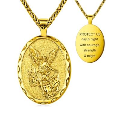 Imagem de Colar de medalhão oval de São Miguel, cobre banhado a ouro, pingente de 5 x 3 cm com corrente de 40 cm + 5 cm, medalha de oração de proteção religiosa, colares com pingente de cruz religiosa com