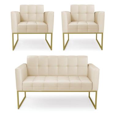 Imagem de Kit 1 Sofá Namoradeira E 2 Poltronas Elisa Corino Bege Base Metálica Industrial Dourado - D'rossi