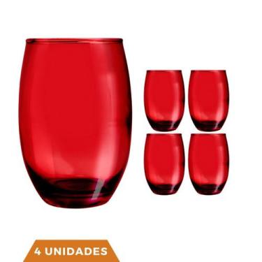 Imagem de Copo de Vidro Vermelho Redondo Mesa cozinha 450ml 4 unidades - PRATICA