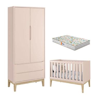 Imagem de Berço Americano E Guarda Roupa 2 Portas New Classic Rosa Com Pés Madeira Natural E Colchão Gazin - Reller