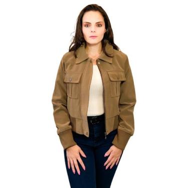Imagem de Jaqueta Feminina Nobuck Couro Casaco Forrada Premium KLIZZ, Caqui, M
