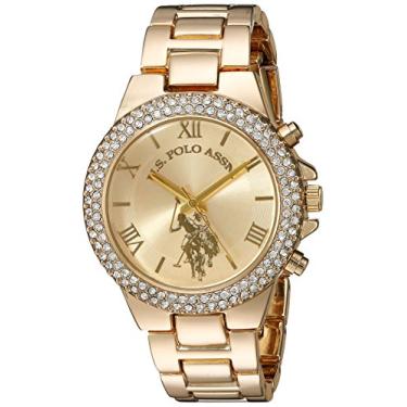 Imagem de Relógio analógico feminino US Polo Assn. – Mostrador dourado com bisel enfeitado com cristal e pulseira de aço inoxidável – Elegante, durável e ajustável para pulsos de 14 a 20 cm, Dourado, Moderno