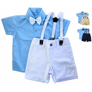 Imagem de Roupinha Social Bebê Batizado Menino Conjunto Kit 4 Peças Camisa Azul Gravata Bermuda Suspensório (6 a 11 meses, Azul e Bege)