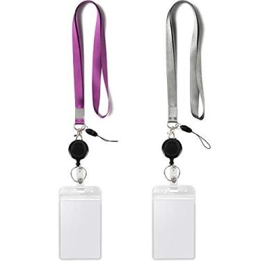 Imagem de YOUOWO Pacote com 2 cordões com porta-crachás verticais e carretel retrátil com clipes, cordão de pescoço cinza roxo à prova d'água