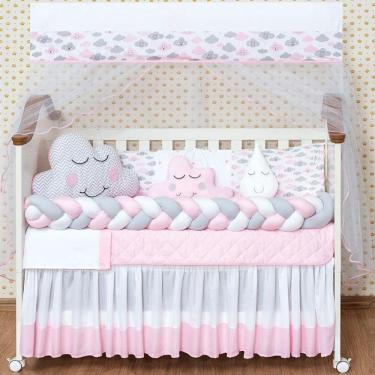 Imagem de Kit Berço Trança Nuvem Rosa Menina Bebê Exclusivo 11 Peças