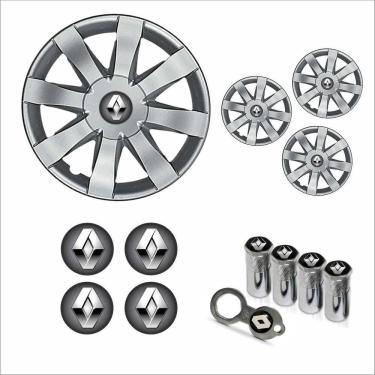 Imagem de Jogo Calota Aro 15 Sandero Logan 2015 2016 Renault + Emblema Resinado + Tampa Ventil Antifurto