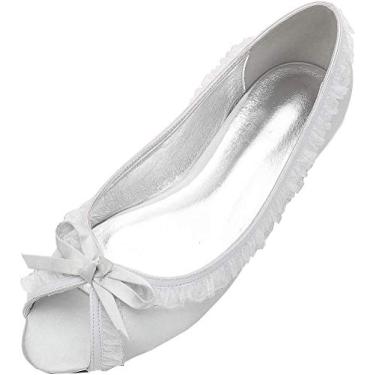 Imagem de Sandálias femininas peep toe laço casamento slip on sapatos para noiva, Prata, 8.5