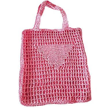 Imagem de Bolsa de palha feita à mão para mulheres, estilo pastoral, bolsa de ombro vazada, viagem ao ar livre, praia, pesca, bolsa de malha com forro de tecido, rosa
