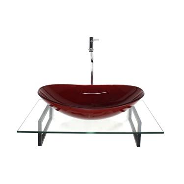 Imagem de KIT CUBA DE VIDRO OVAL VERMELHO FERRARI COM TAMPO 60CM INCOLOR E SUPORTE TORNEIRA VALVULA