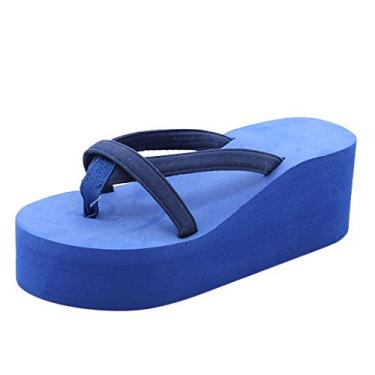 Imagem de Sandálias de salto alto de praia de cor lisa com chinelos para mulheres salto anabela tamanho 11, Azul, 6.5