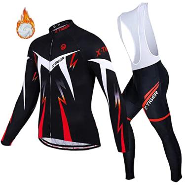 Imagem de Conjunto de camisa de ciclismo masculino X-Tiger, conjunto de manga longa para ciclismo com Bretelle acolchoados de gel 5D, conjunto de roupas de ciclismo para MTB Road Bike Vermelho