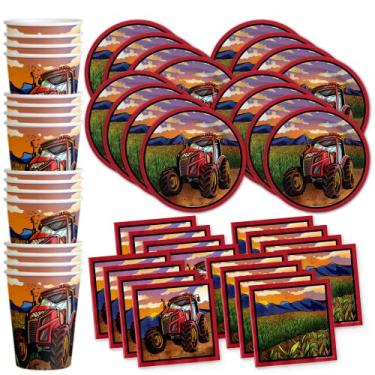 Imagem de Conjunto de suprimentos de festa de aniversário trator vermelho pratos guardanapos copos kit de talheres para 16