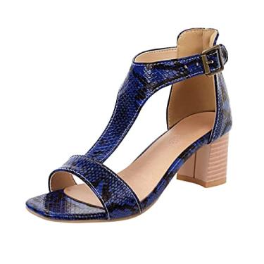 Imagem de Sandália feminina de couro de pele de cobra aberta dedo do pé em forma de T fivela grossa salto alto vintage sandálias femininas tamanho 10 (azul, 9)