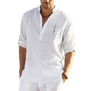 Imagem de Camisa masculina Jueshanzj casual de algodão e linho, cor lisa, manga longa, ajuste solto, gola mandarim, Branco, Large