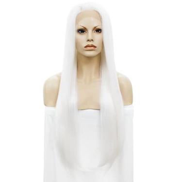 Imagem de Perucas brancas de cabelo liso sintético, perucas de renda frontal, peruca de fibra resistente ao calor