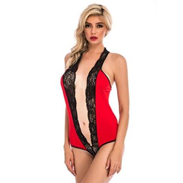 Imagem de Bigfanshu Roupa íntima feminina plus size decote em V profundo lingerie sexy macacão macacão vermelho