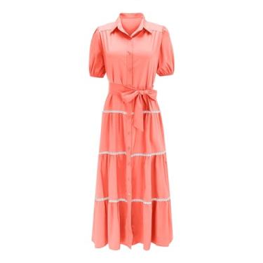 Imagem de Vestido feminino solto manga longa cor sólida vestido maxi camisa 2023 chiffon rodado vestido midi longo, B1 - laranja, P