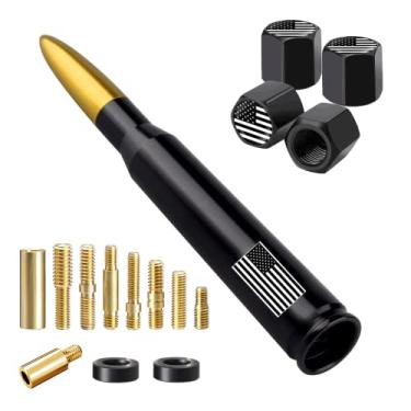 Imagem de Antena de caminhão de carro com bandeira americana com tampas de haste de válvula, mastro de antena universal para GM Chevy Silverado 1500 2500 3500 HD Avalanche Ford F150 F250 F350 Denali acessórios de caminhonete resistentes (dourado)