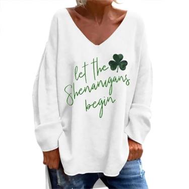 Imagem de Camiseta feminina PKDong Saint Patricks Day Shirts Irish Lucky Shamrock manga longa solta Let The Shenanigans Begin Letter Print Tee, Branco, 4G