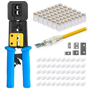 Imagem de Everest Media Solutions Kit de ferramentas de crimpagem RJ45, com 50 conectores de passagem Cat5e e 50 botas de alívio de tensão + lâminas extras - cabos Ethernet EZ Cut, Strip, Crimp - Ferramenta
