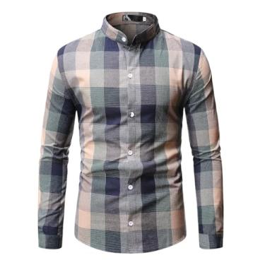 Imagem de Camisa masculina casual, estampa xadrez, cores combinando, manga comprida, colarinho aberto, botões, Verde, M