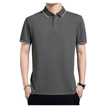 Imagem de Camisa polo masculina de seda gelo de lapela sólida com botão para treino camiseta atlética secagem rápida curta, Cinza escuro, XG