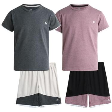 Imagem de RBX Conjunto de shorts ativos para meninos – Conjunto de 4 peças de camiseta e shorts para crianças (8-12), Carvão Lunar/Uva, 12