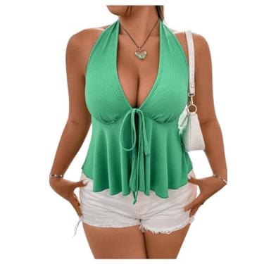 Imagem de SOLY HUX Blusa feminina plus size frente única decote V profundo laço frontal dividido verão top, Verde liso, 3G Plus Size